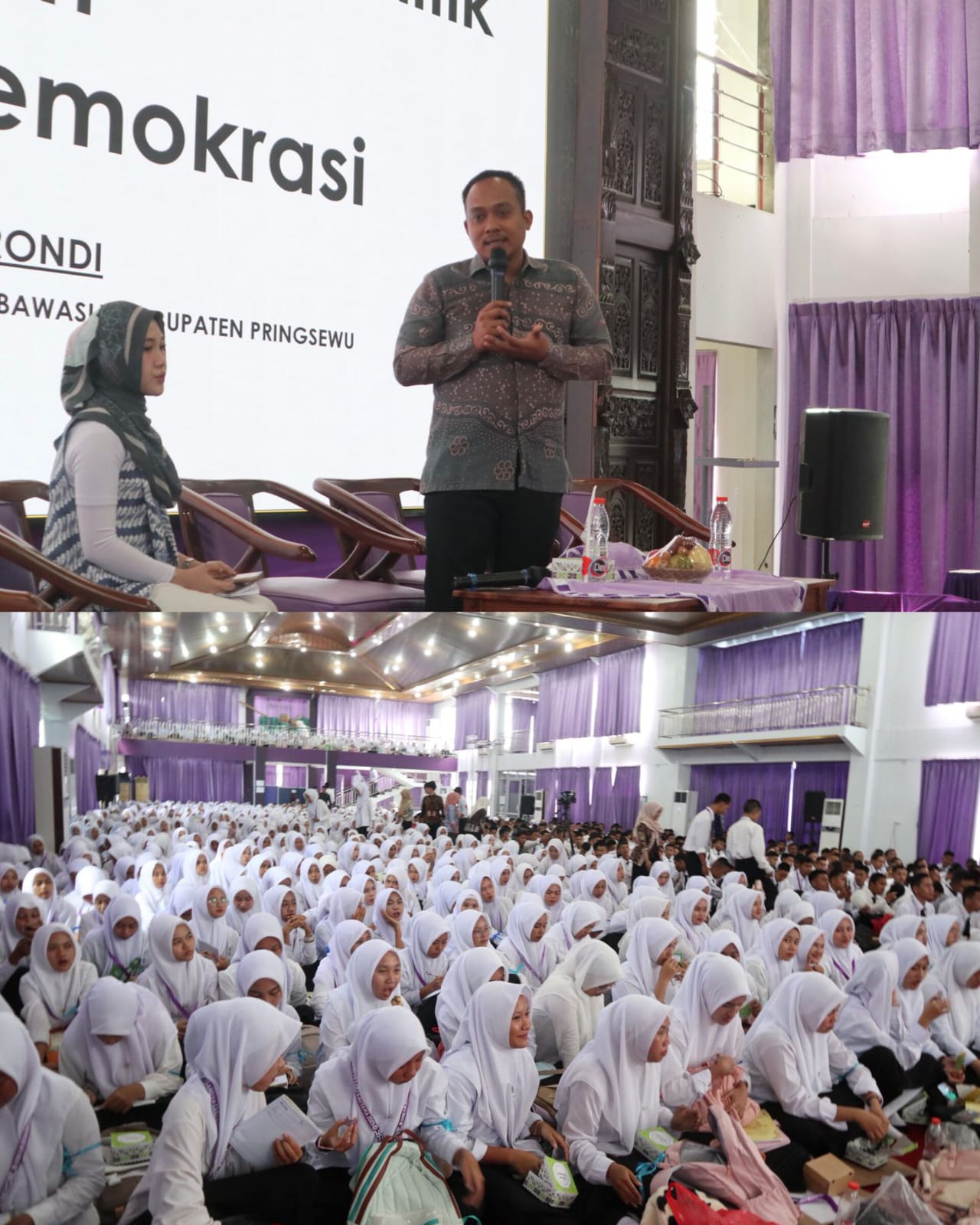 Foto Ketua Bawaslu Kabupaten Pringsewu saat menjadi narasumber dalam kegiatan Masa Ta’aruf (MATA-UAP) Universitas Aisyah Pringsewu Tahun Ajaran 2025/2026 yang digelar di Gedung Aula Universitas Aisyah Pringsewu