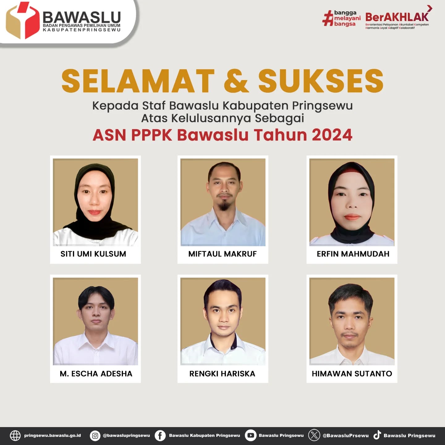 Foto selamat dan sukses kepada staf Bawaslu Pringsewu yang telah lulus seleksi Aparatur Sipil Negara (ASN) Pegawai Pemerintah dengan Perjanjian Kerja (PPPK) Bawaslu Tahun 2024