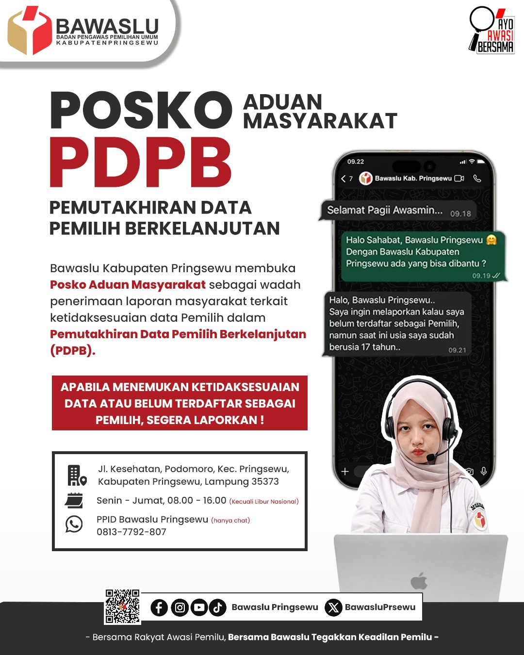 Bawaslu Pringsewu Buka Posko Aduan Masyarakat PDPB, Ajak Warga Aktif Awasi Data Pemilih