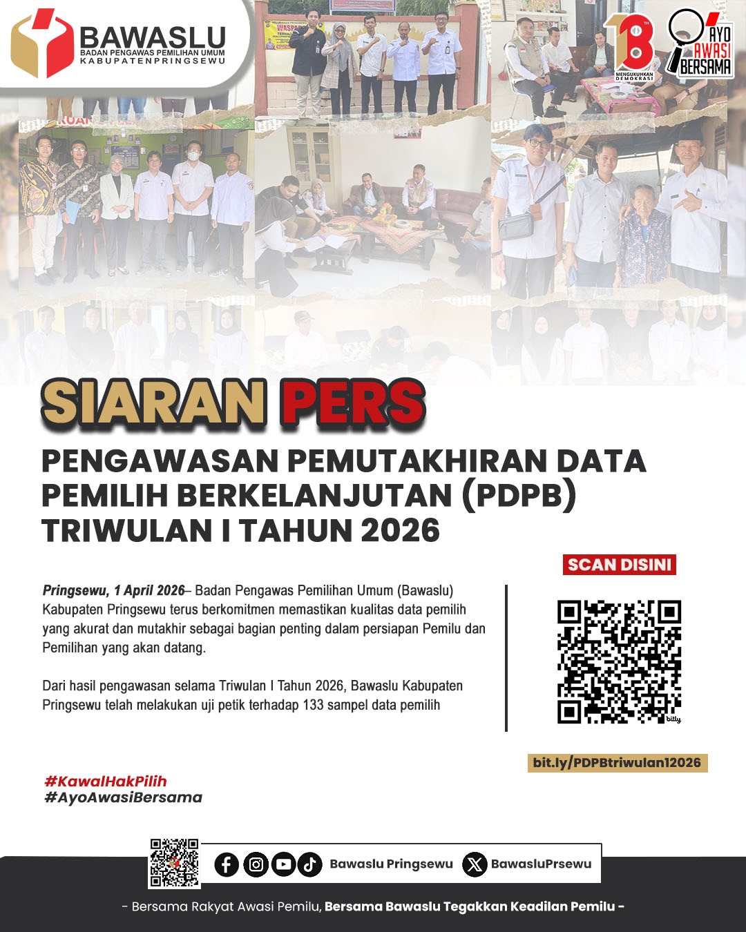 Bawaslu Pringsewu Lakukan Pengawasan PDPB Triwulan I 2026, Pastikan Data Pemilih Akurat dan Mutakhir