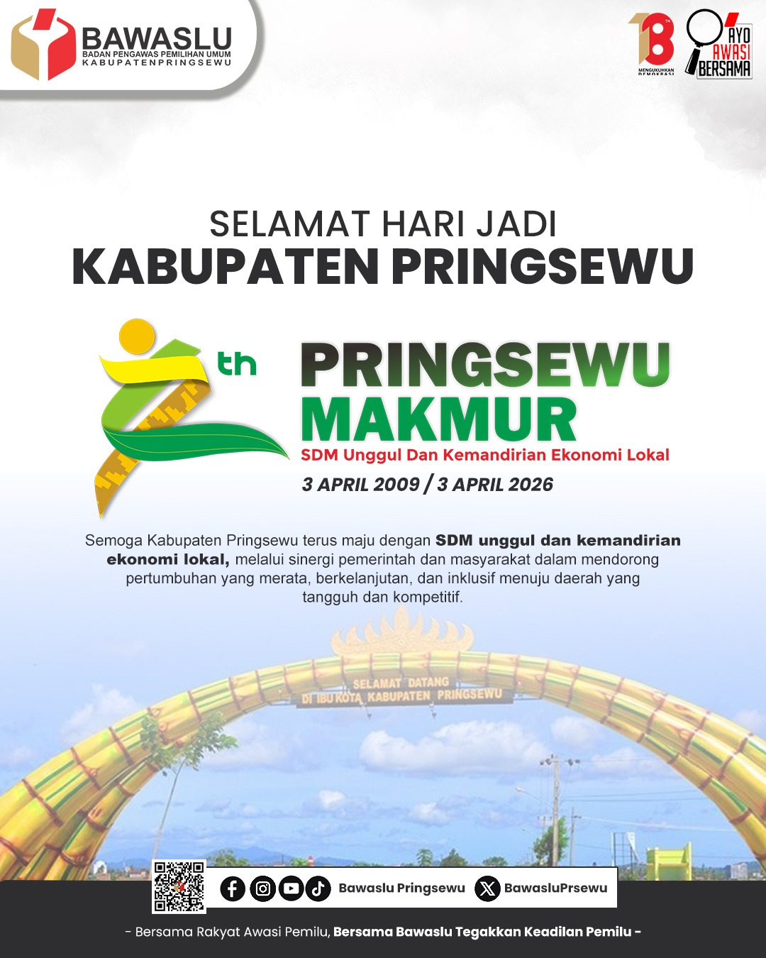 Bawaslu Pringsewu Ucapkan Selamat Hari Jadi ke-17 Kabupaten Pringsewu