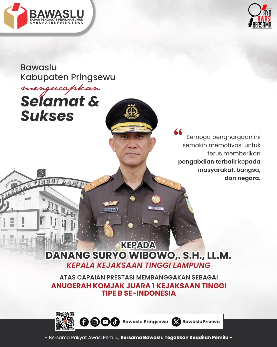 Bawaslu Kabupaten Pringsewu Ucapkan Selamat atas Prestasi Danang Suryo Wibowo Raih Anugerah Komjak
