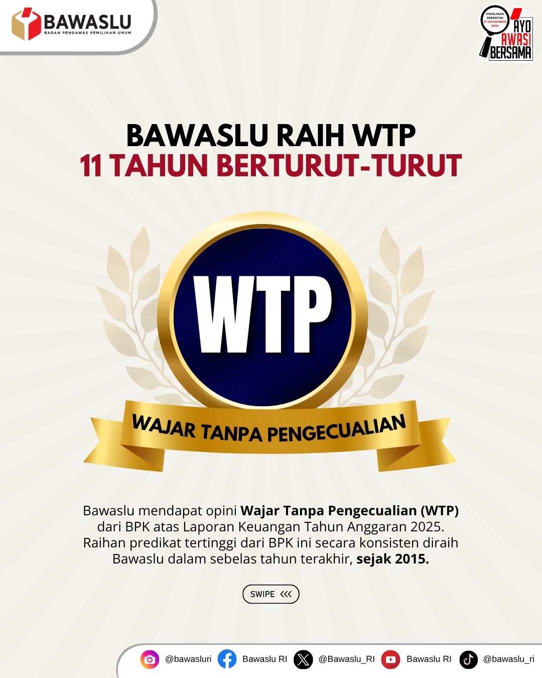 Jaga Akuntabilitas Keuangan, Bawaslu Raih Opini WTP 11 Kali Beruntun dari BPK RI
