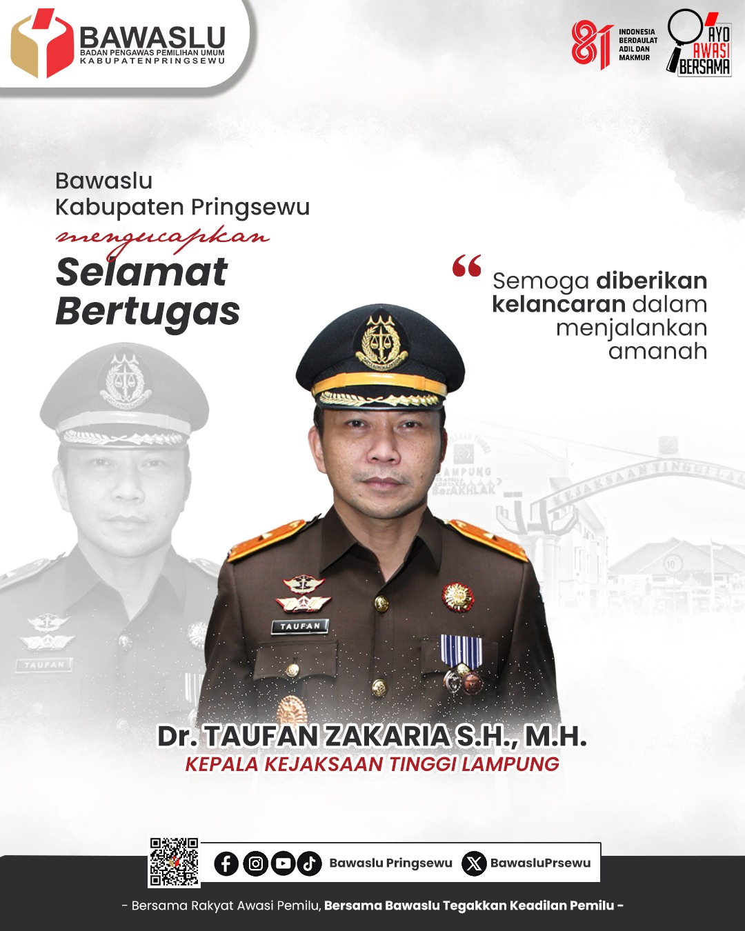 Bawaslu Kabupaten Pringsewu Ucapkan Selamat Bertugas kepada Dr. Taufan Zakaria sebagai Kepala Kejati Lampung