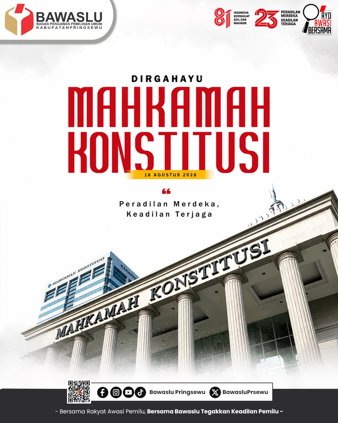 Bawaslu Pringsewu Ucapkan Dirgahayu Mahkamah Konstitusi Republik Indonesia ke-23