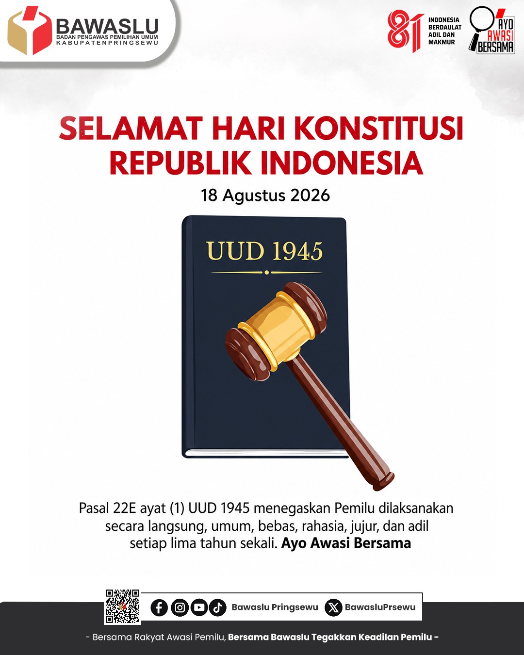 Hari Konstitusi Republik Indonesia, Bawaslu Pringsewu Ajak Masyarakat Tegakkan Hukum dan Demokrasi