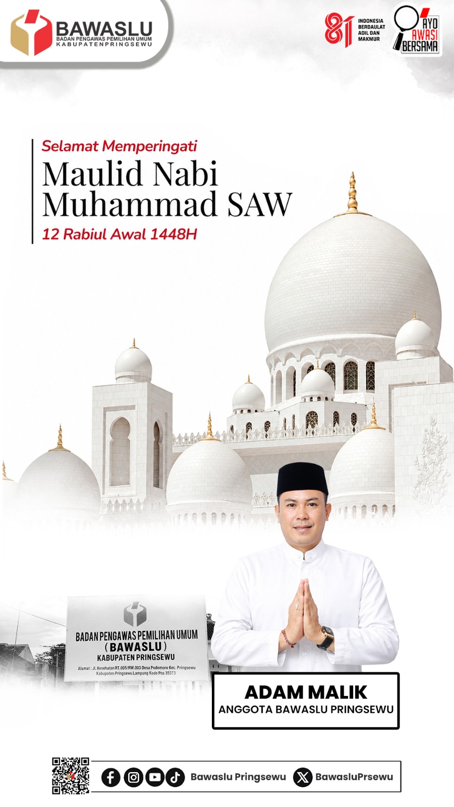 Anggota Bawaslu Kabupaten Pringsewu Adam Malik Ucapkan Selamat Memperingati Maulid Nabi Muhammad SAW 1448 H