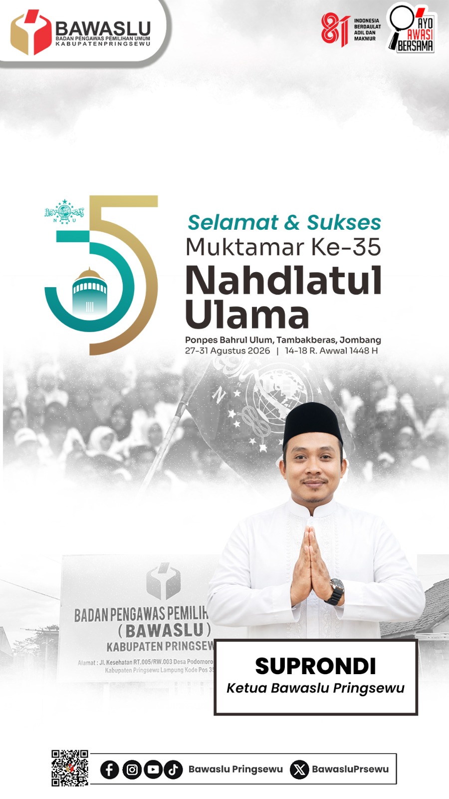 Ketua Bawaslu Pringsewu Ucapkan Selamat dan Sukses atas Muktamar Ke-35 Nahdlatul Ulama