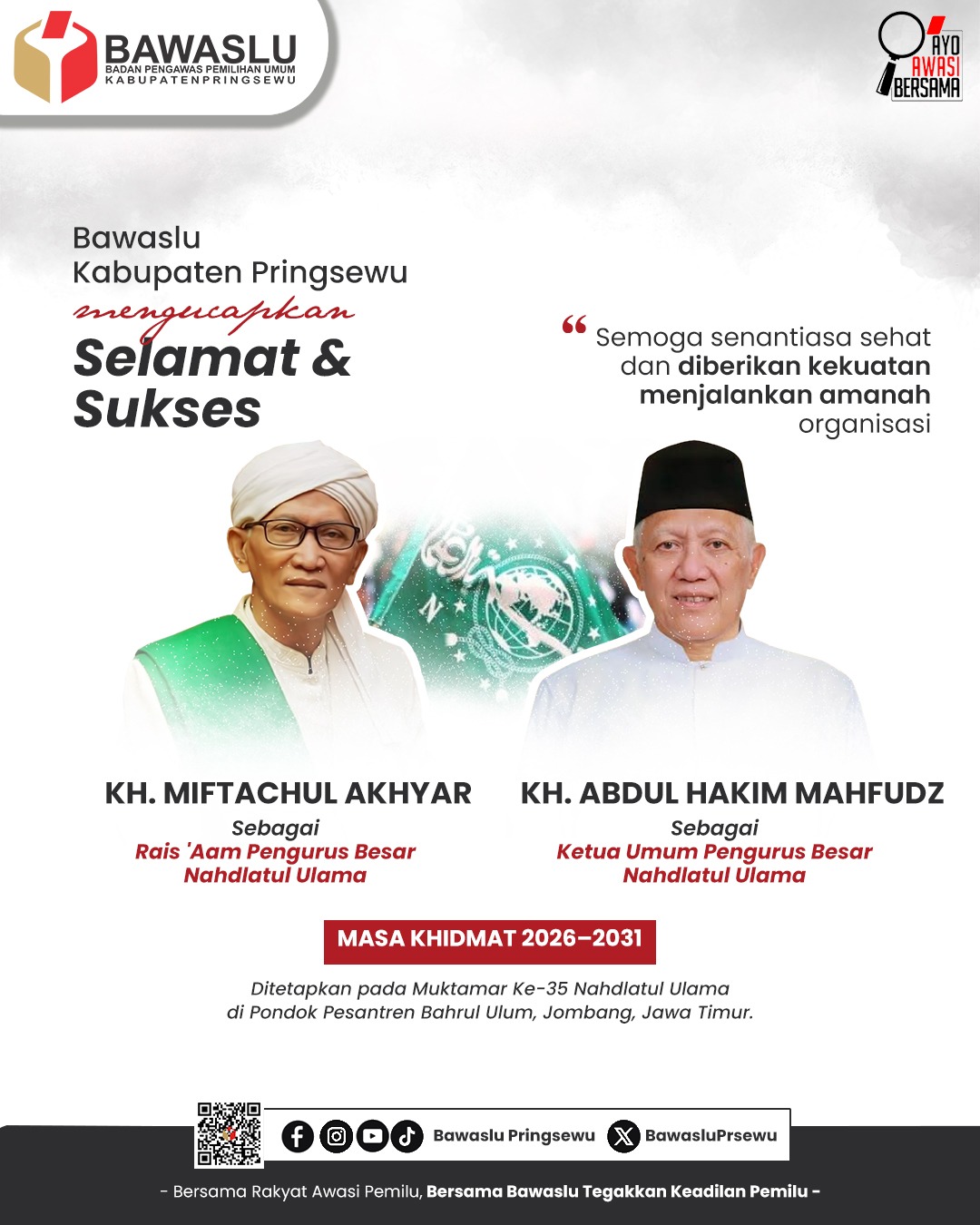 Bawaslu Pringsewu Sampaikan Selamat atas Terpilihnya Rais ‘Aam dan Ketua Umum PBNU Masa Khidmat 2026–2031
