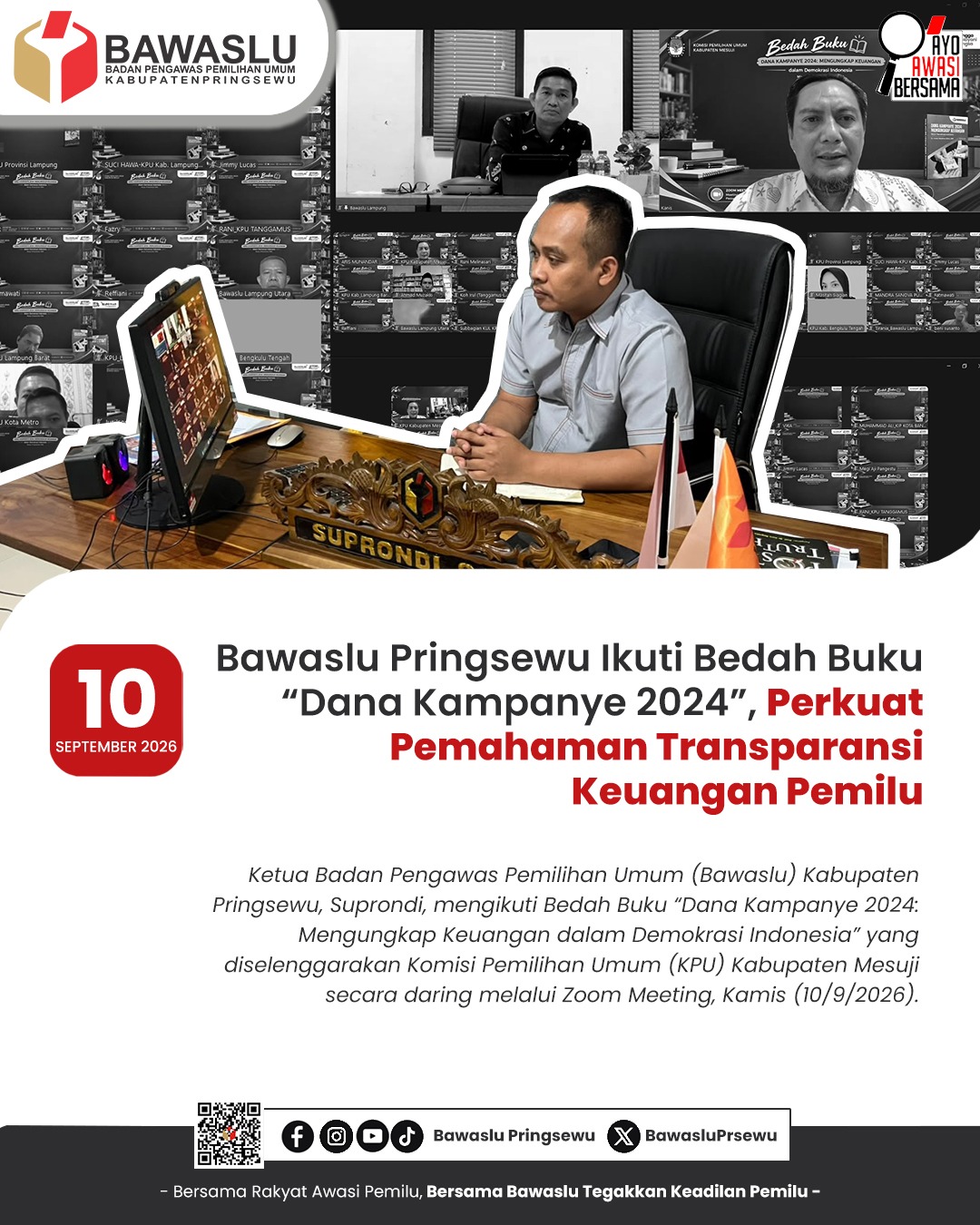 Bawaslu Pringsewu Ikuti Bedah Buku "Dana Kampanye 2024", Perkuat Pemahaman Transparansi Keuangan Pemilu