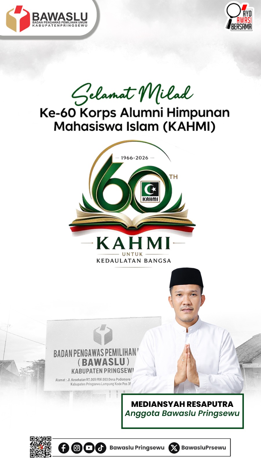 Anggota Bawaslu Kabupaten Pringsewu Mediansyah Resaputra Ucapkan Selamat Milad ke-60 KAHMI