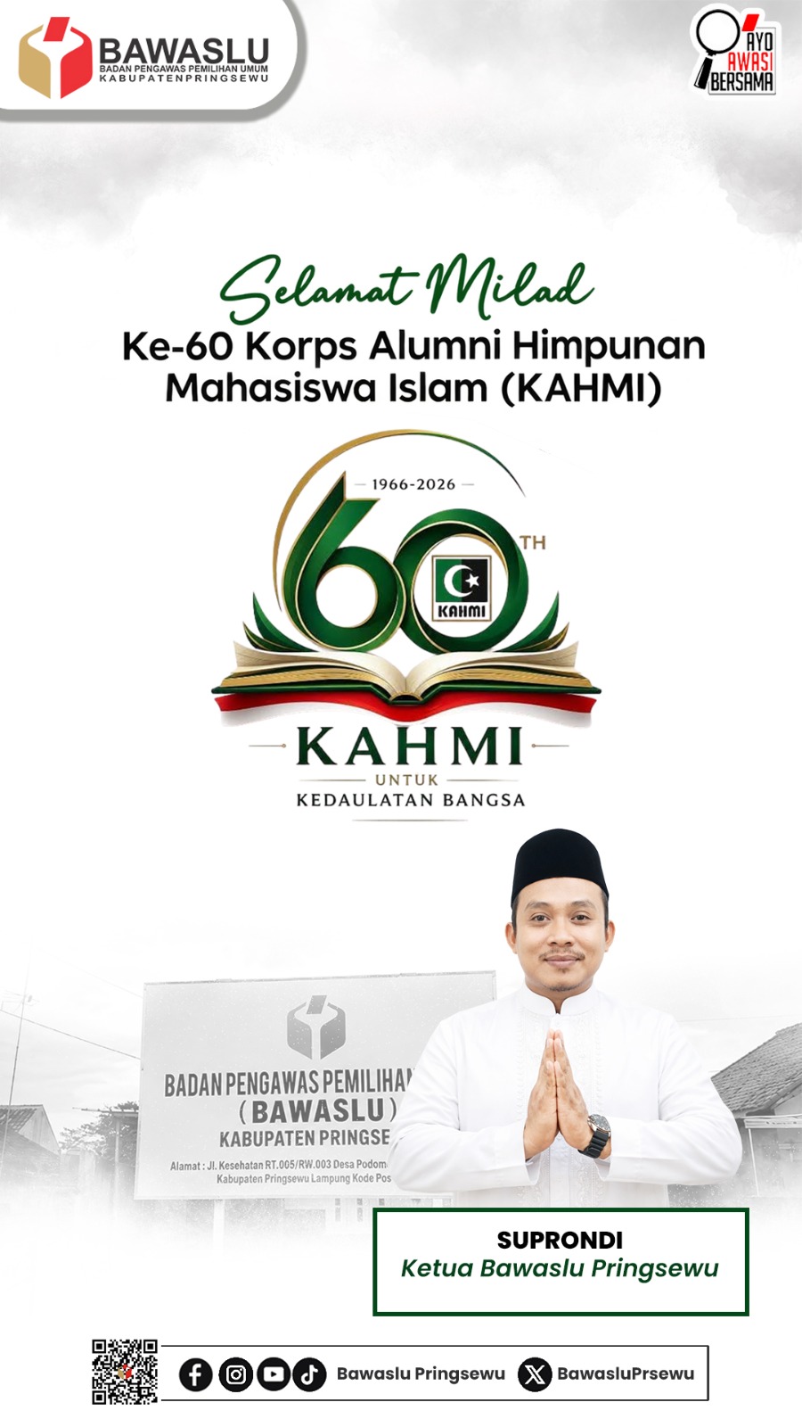 Ketua Bawaslu Kabupaten Pringsewu Ucapkan Selamat Milad ke-60 KAHMI