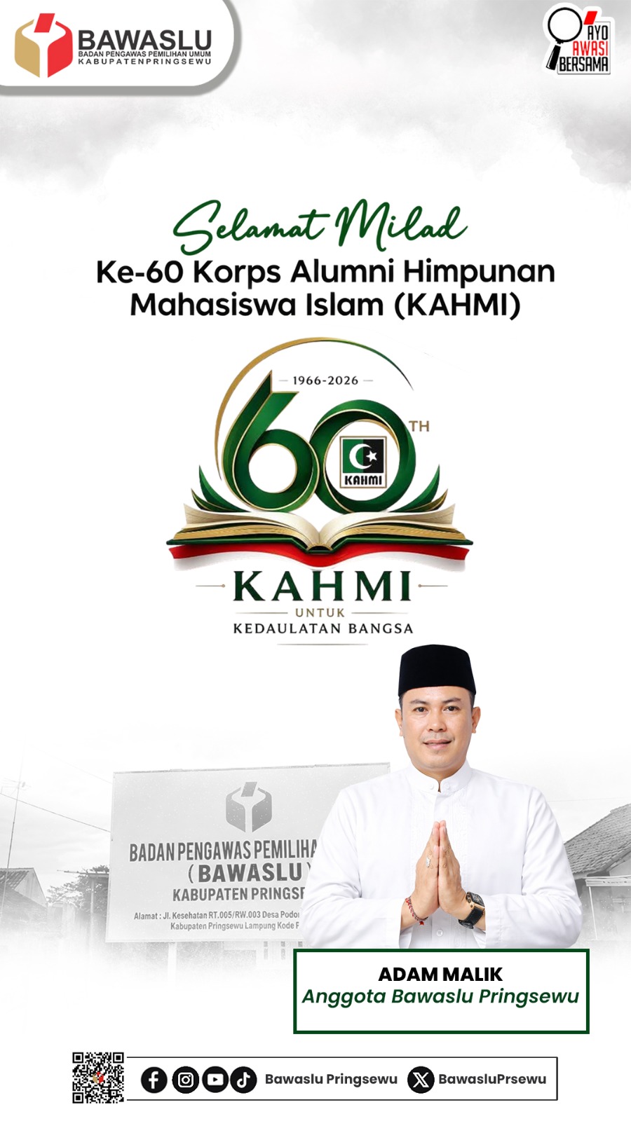 Anggota Bawaslu Kabupaten Adam Malik Pringsewu Ucapkan Selamat Milad ke-60 KAHMI