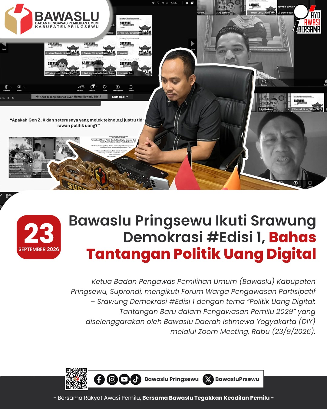 Bawaslu Pringsewu Ikuti Srawung Demokrasi #Edisi 1, Bahas Tantangan Politik Uang Digital