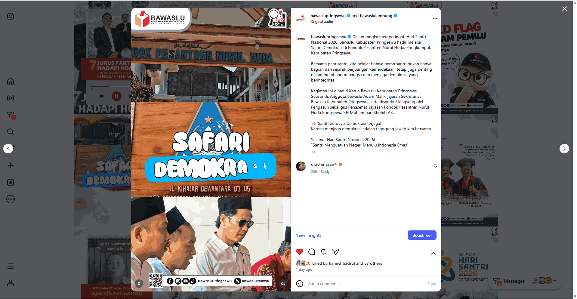 Bawaslu Pringsewu Gelar Safari Demokrasi di Pondok Pesantren Nurul Huda Peringati Hari Santri Nasional 2026