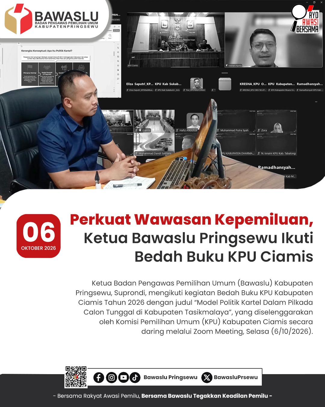 Perkuat Wawasan Kepemiluan, Ketua Bawaslu Pringsewu Ikuti Bedah Buku KPU Ciamis
