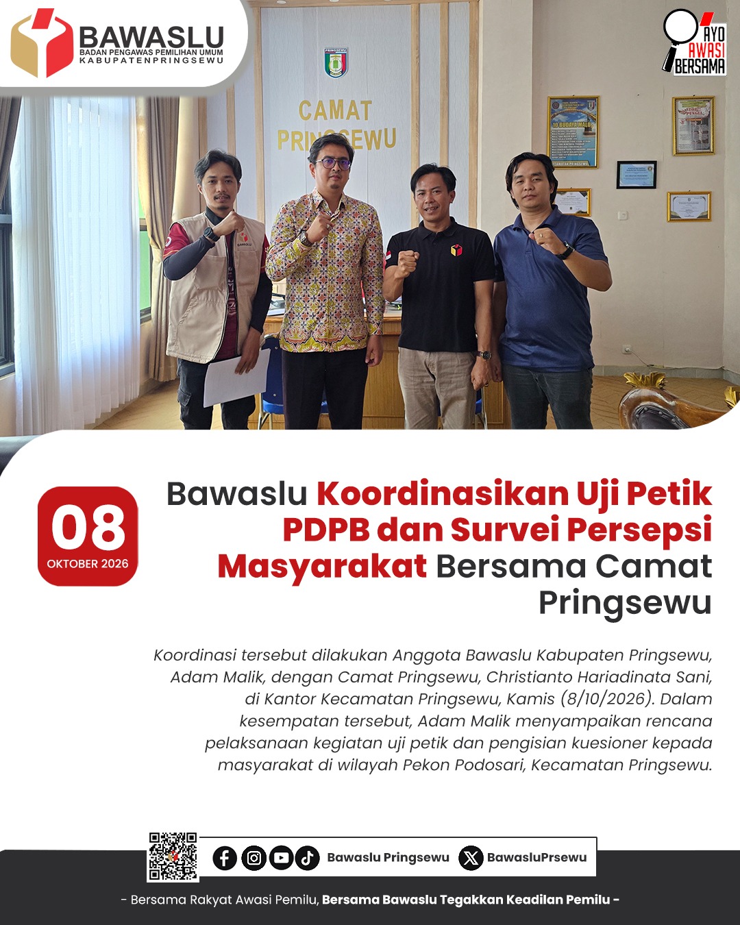 Bawaslu Koordinasikan Uji Petik PDPB dan Survei Persepsi Masyarakat Bersama Camat Pringsewu