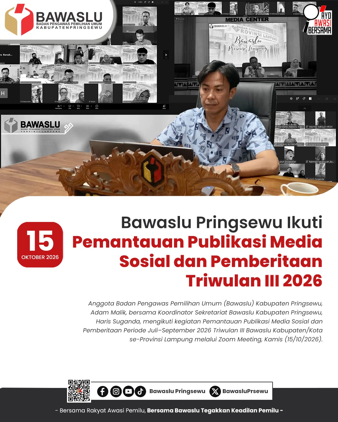 Bawaslu Pringsewu Ikuti Pemantauan Publikasi Media Sosial dan Pemberitaan Triwulan III 2026