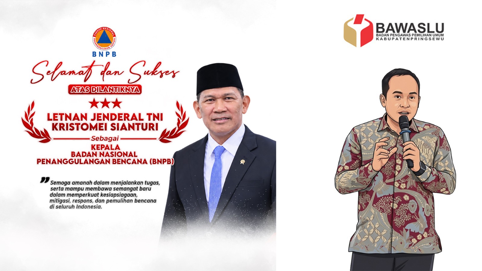 Ketua Bawaslu Pringsewu Suprondi Sampaikan Selamat atas Pelantikan Letjen TNI Kristomei Sianturi sebagai Kepala BNPB