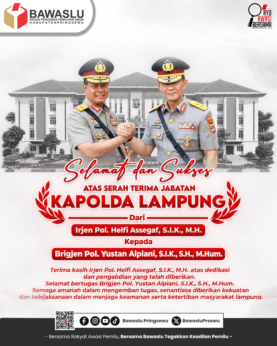 Bawaslu Pringsewu Ucapkan Selamat atas Serah Terima Jabatan Kapolda Lampung