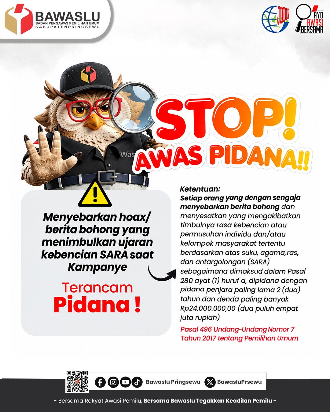 Bawaslu Pringsewu Imbau Masyarakat Waspadai Penyebaran Berita Bohong Bermuatan SARA saat Kampanye